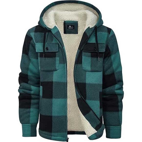 V VALANCH Mens Flannel Jacket with Hood Sherpa Lined Fleece Jacket Men Zip Up - Picture 1 of 4